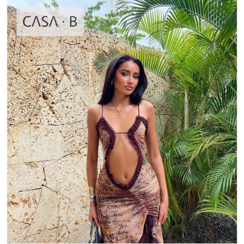 NEW to CASA B💫Seraphina Sheer Cut-Out Frill Leopard Script Print Maxi dress - Picture 14 of 16